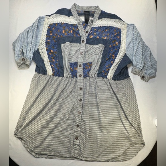 New Romantics Dresses & Skirts - Free People New Romantics Mixed Media Boho Tunic Dress Blue Floral Lace Size Lg